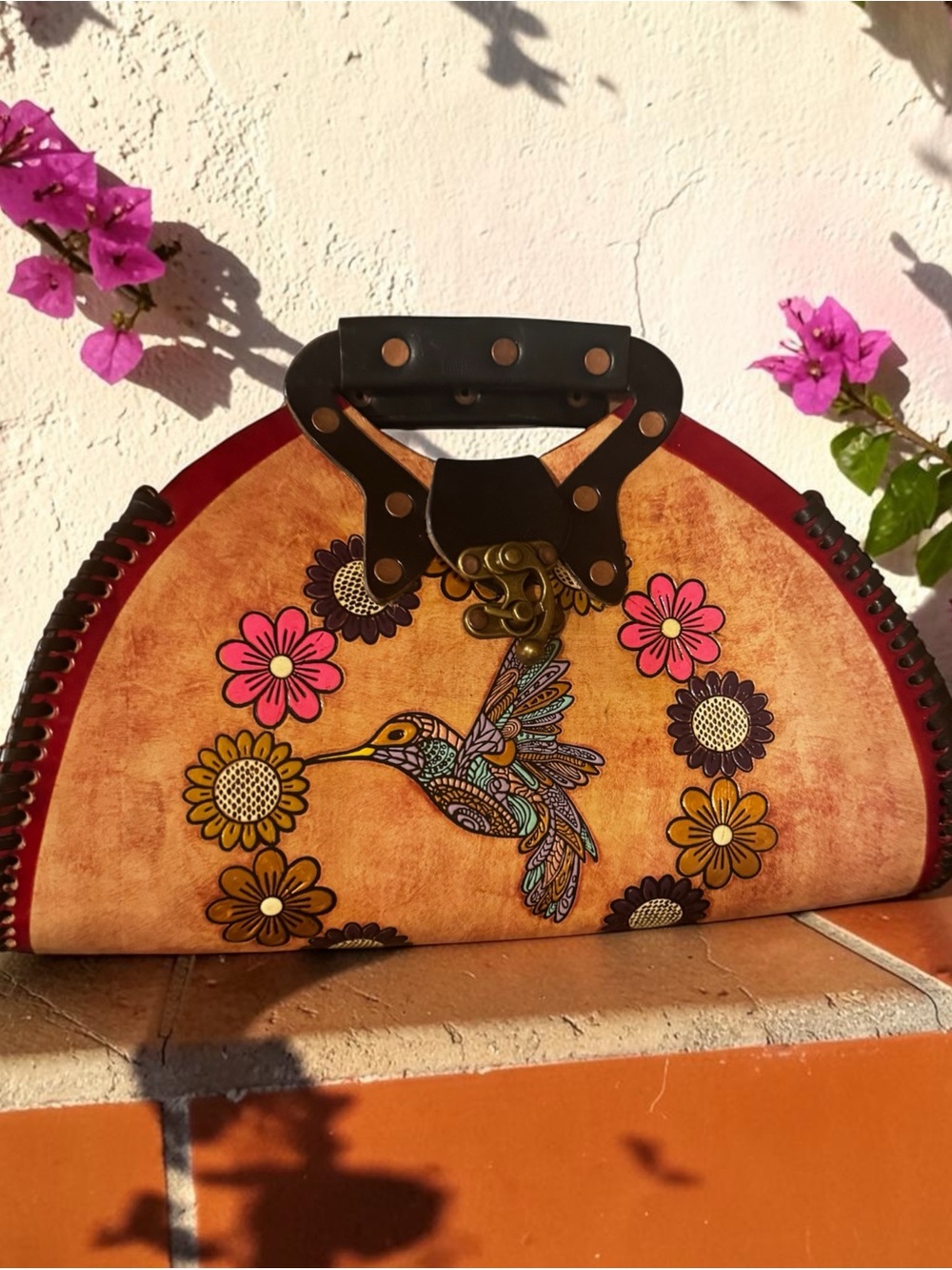 Hand-Painted Hummingbird Floral Leather Satchel - Pink & Tan